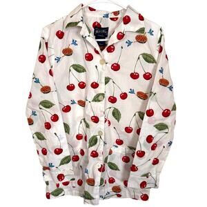 Vintage Y2K Nick & Nora Cherry Pie & Bird Print Pajama Shirt Button Up Cotton SM